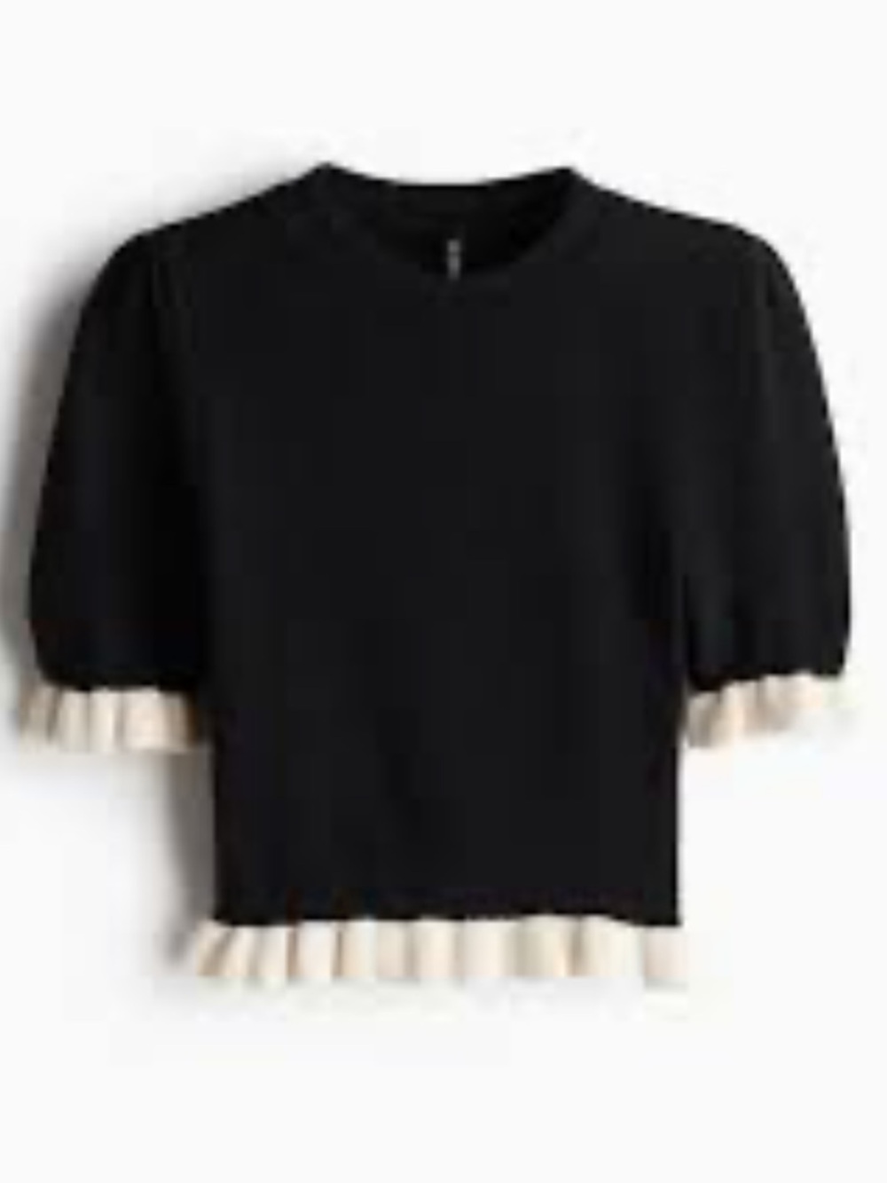 Divided Black Knit Sweater with Cream Ruffle Trim short sleeves Sz M